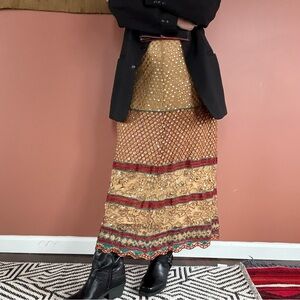 Vintage Lace Sequin Embroidered Earthy Tones Maxi Skirt